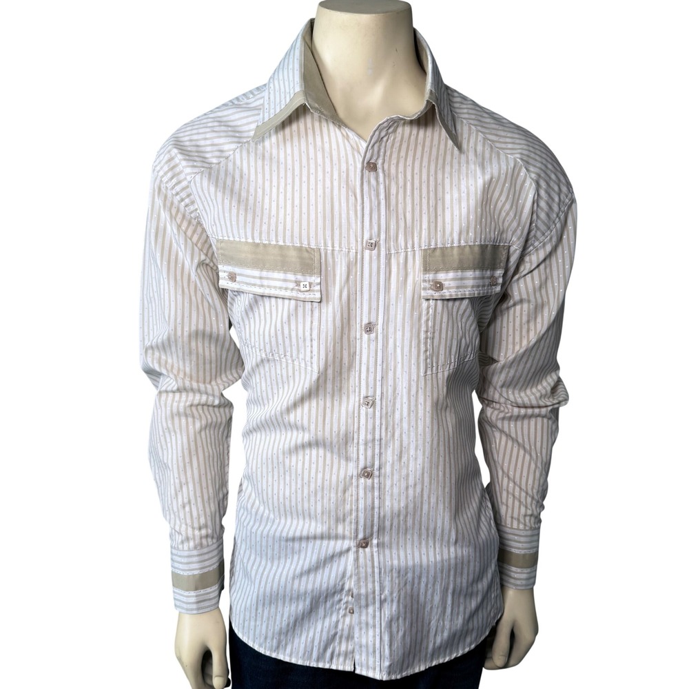 Lanzo Couture‎ Button Down Shirt Mens XL Tan White Striped Long Sleeve Excellent